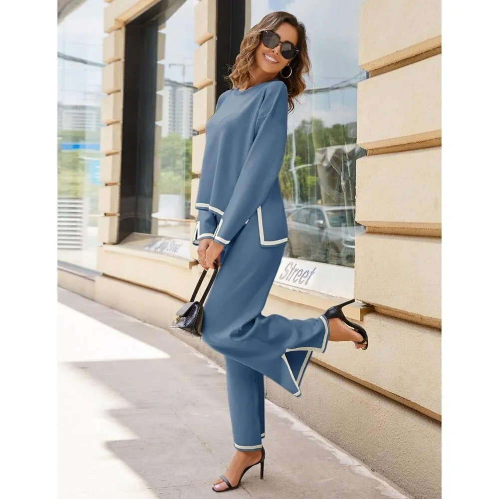 Women's Blue Long Sleeve Knit Sweater Top & Wide Leg Pants Lounge Set
